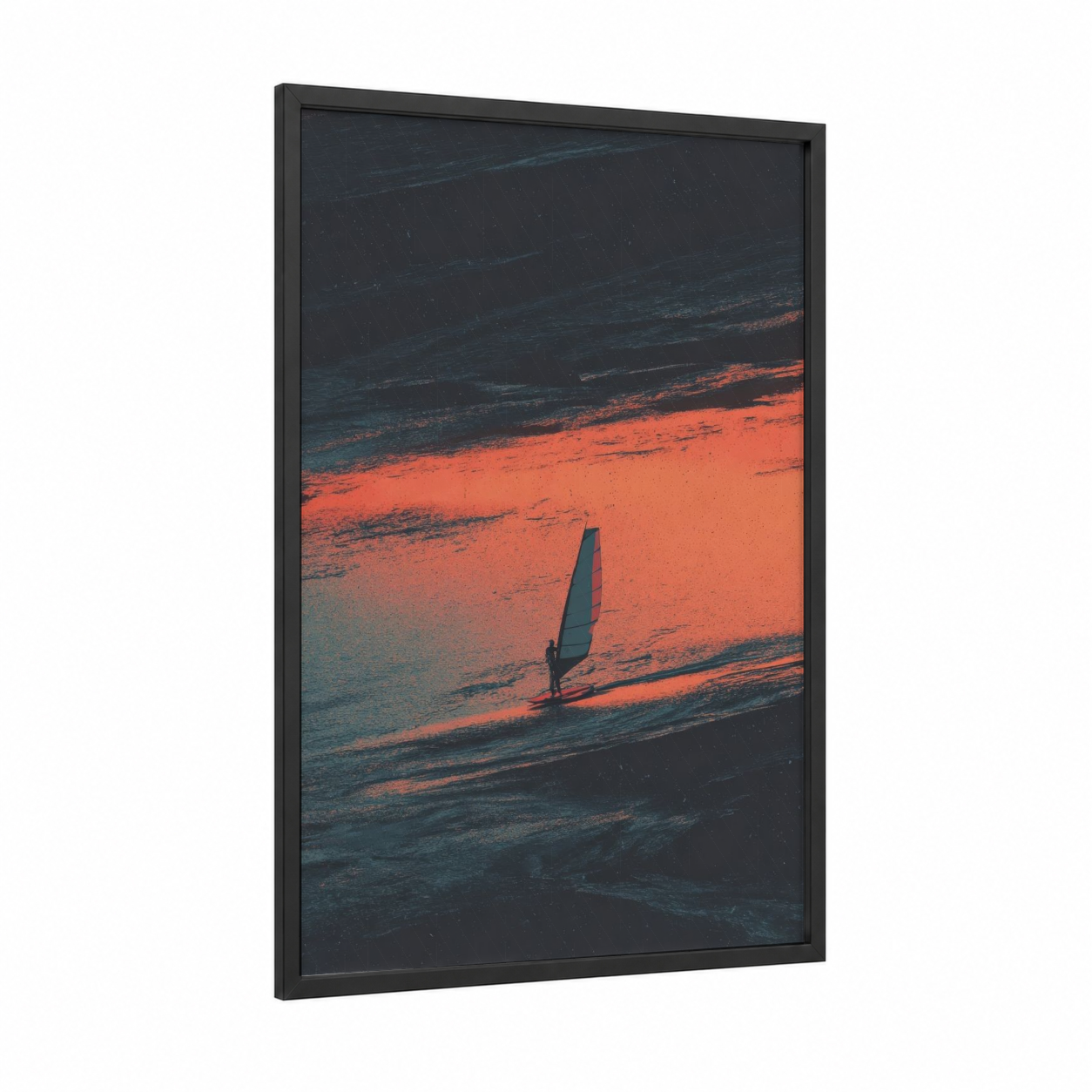Sunset Windsurfing framed art print — black wood frame — orange and dark blue palette