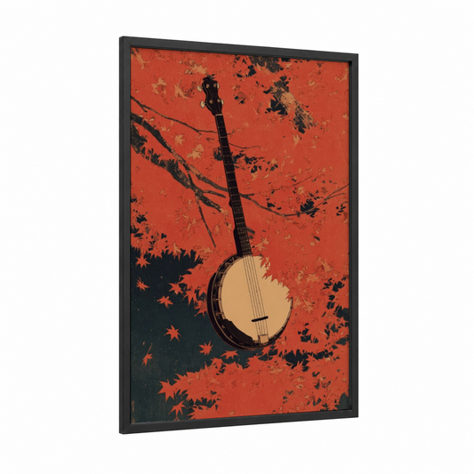 Autumn Banjo framed art print — black wood frame — red and orange palette