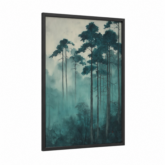 Misty Pine Forest framed forest trees print — black wood frame — teal and gray palette