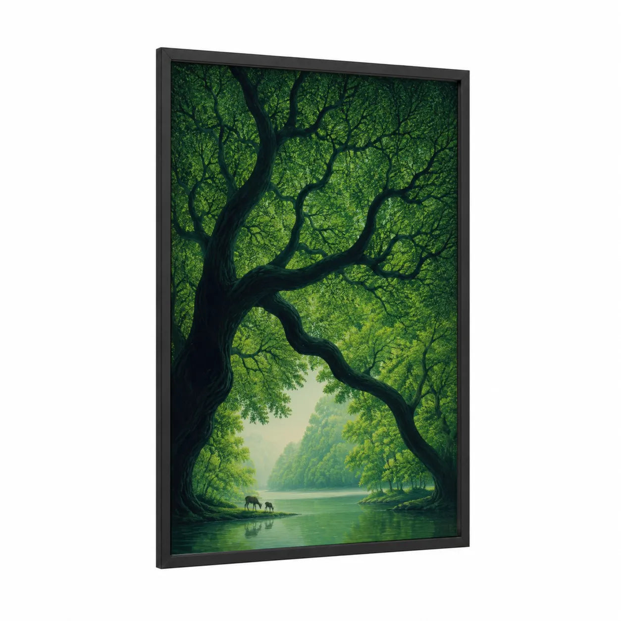 Tranquil Forest Lake With Deer Wall Art framed tree print — black wood frame — true green and sage green palette