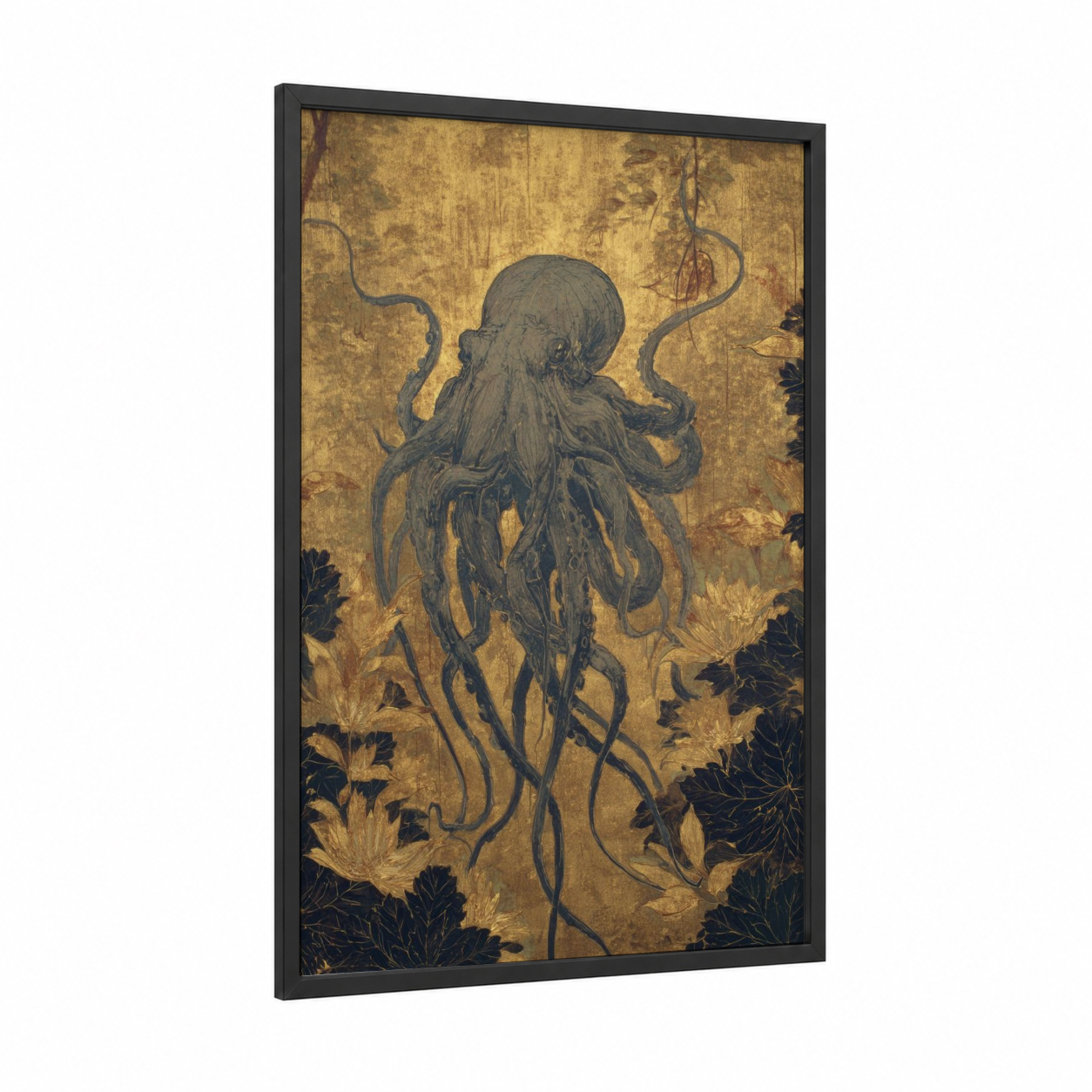 Golden Octopus framed art print — black wood frame — gold and black palette