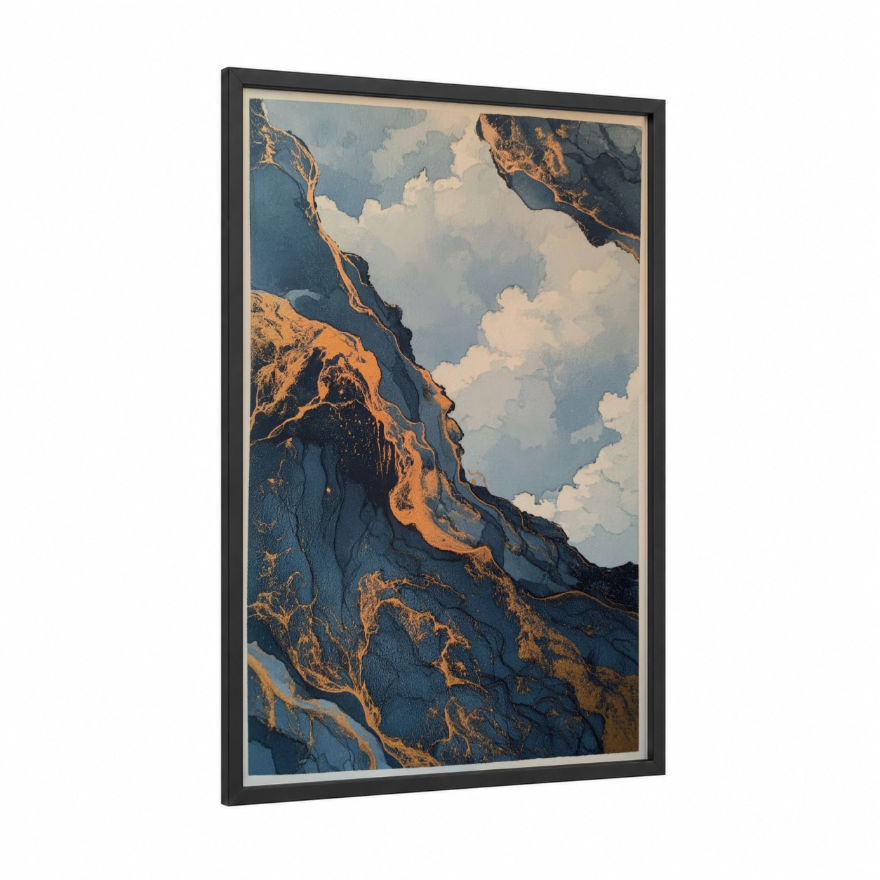 Golden Cliffs framed abstract classic print — black wood frame — dark blue and gold and white palette