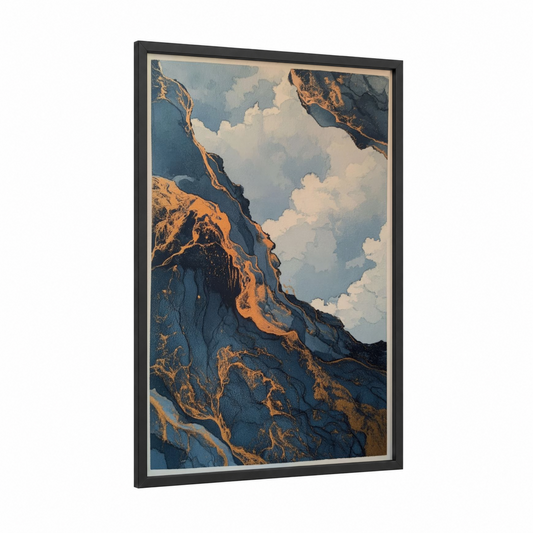 Golden Cliffs framed abstract classic print — black wood frame — dark blue and gold and white palette