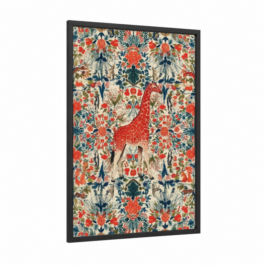 Giraffe Floral Pattern framed art print — black wood frame — red and dark blue palette