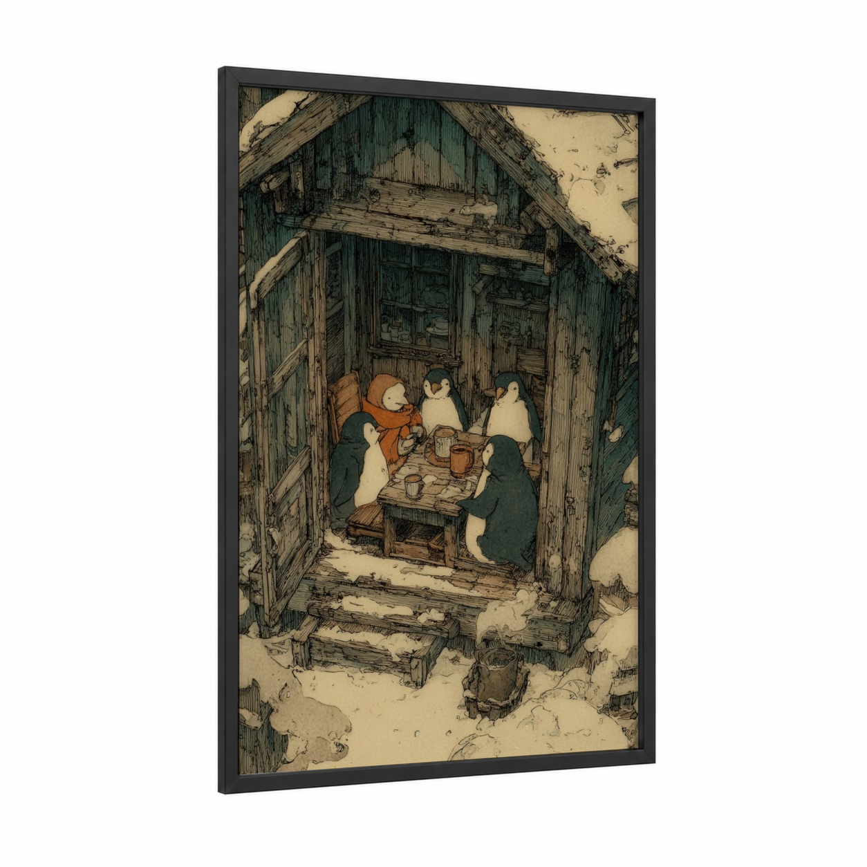 Cozy Penguin Gathering framed art print — black wood frame — cream and dark green palette