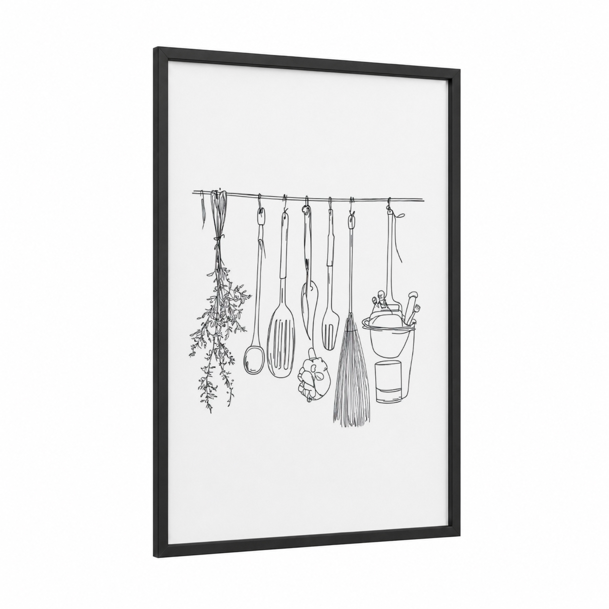 Hanging Kitchen Utensils framed art print — black wood frame — black and white palette