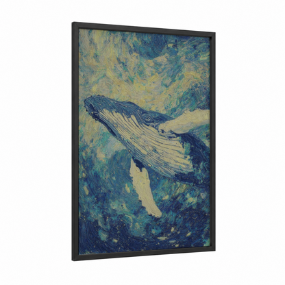 Starry Whale framed humpback whale print — black wood frame — blue and cream palette