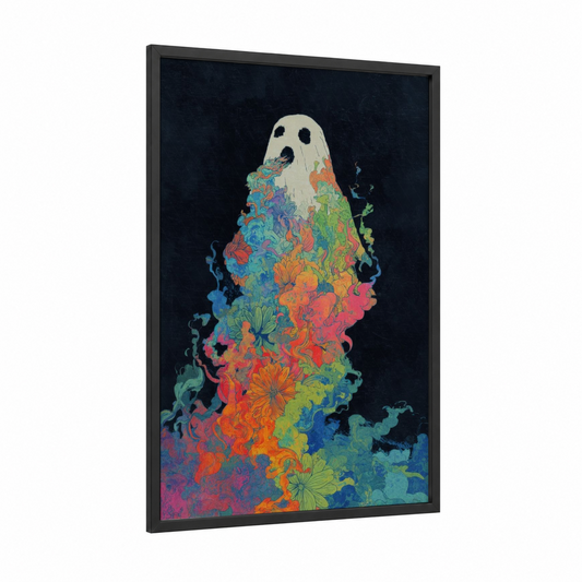 Floral Ghost framed art print — black wood frame — blue and orange palette