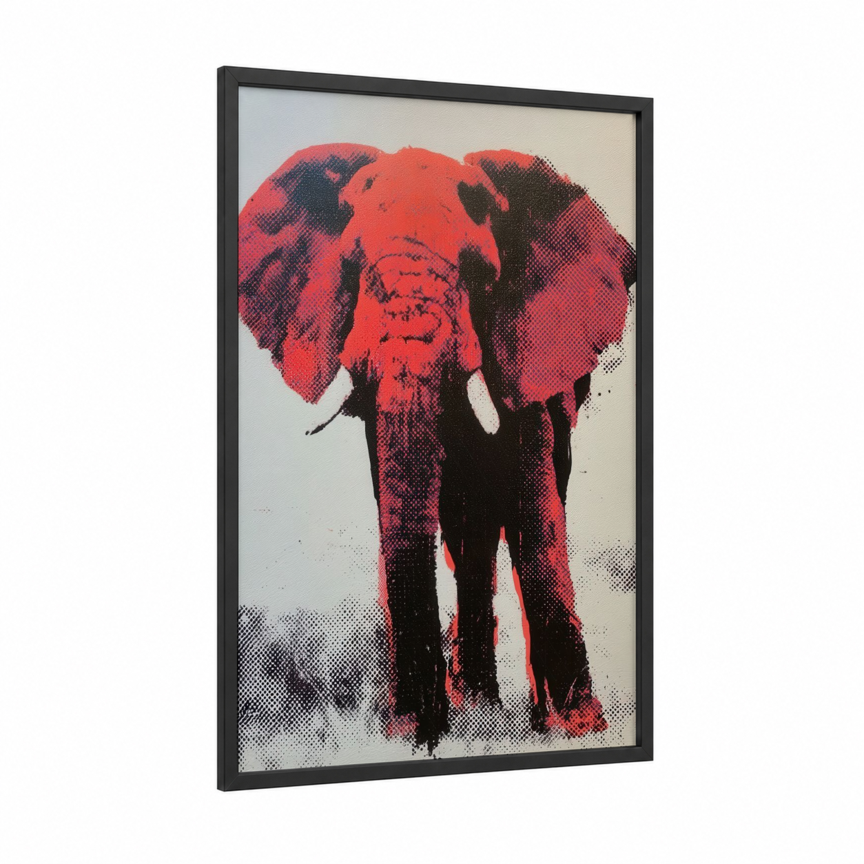 Crimson Elephant Portrait framed savanna elephant print — black wood frame — red and black palette