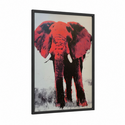 Crimson Elephant Portrait framed savanna elephant print — black wood frame — red and black palette