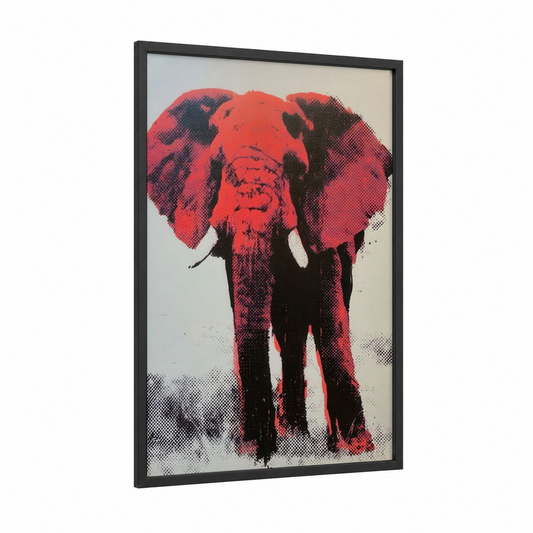 Crimson Elephant Portrait framed savanna elephant print — black wood frame — red and black palette