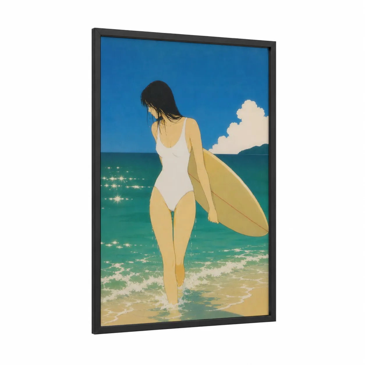 Coastal Surfer Beach Scene Wall Art framed sandy beach print — black wood frame — blue and teal palette