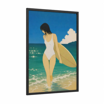 Coastal Surfer Beach Scene Wall Art framed sandy beach print — black wood frame — blue and teal palette