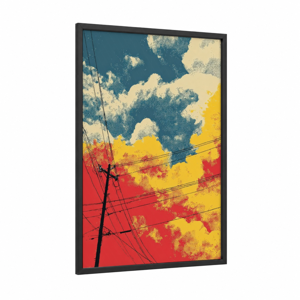 Vibrant Morning Sky framed art print — black wood frame — blue and yellow and red palette