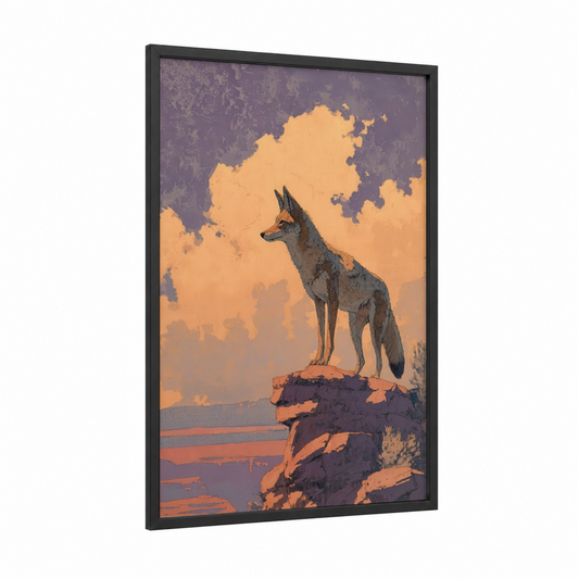 Vigilant Coyote framed art print — black wood frame — gold and russet palette