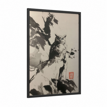 Perched Owl framed art print — black wood frame — black and white palette