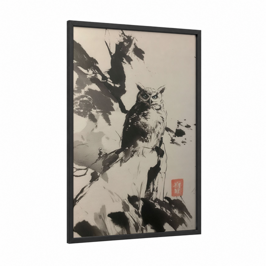 Perched Owl framed art print — black wood frame — black and white palette