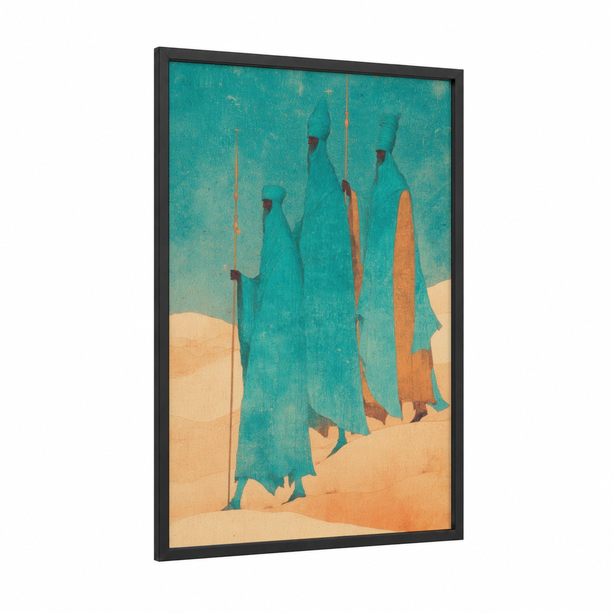 Desert Pilgrims framed epiphany print — black wood frame — teal and peach palette