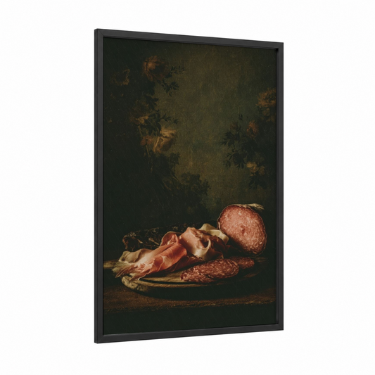 Vintage Charcuterie framed meat print — black wood frame — russet and brown palette