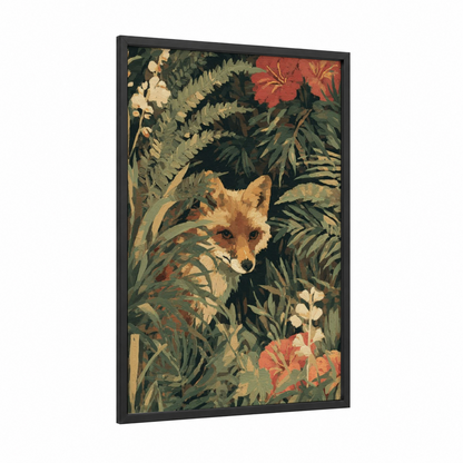 Garden Fox framed art print — black wood frame — gold and dark green palette