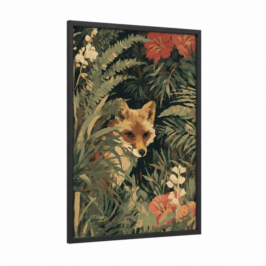 Garden Fox framed art print — black wood frame — gold and dark green palette