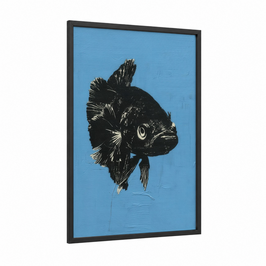 Midnight Betta framed fighting fish print — black wood frame — blue and black and white palette