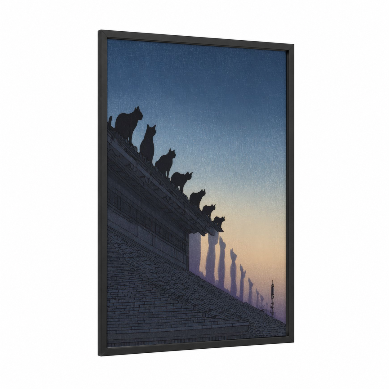 Rooftop Cat Silhouettes framed art print — black wood frame — blue and peach palette