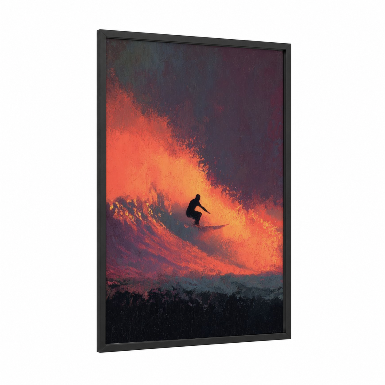 Sunset Wave Surfer framed water surfing print — black wood frame — orange and black palette