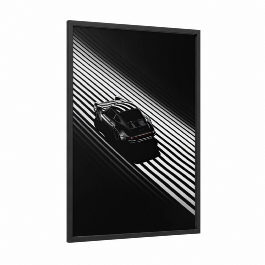 Striped Racer framed sports car print — black wood frame — black and white palette