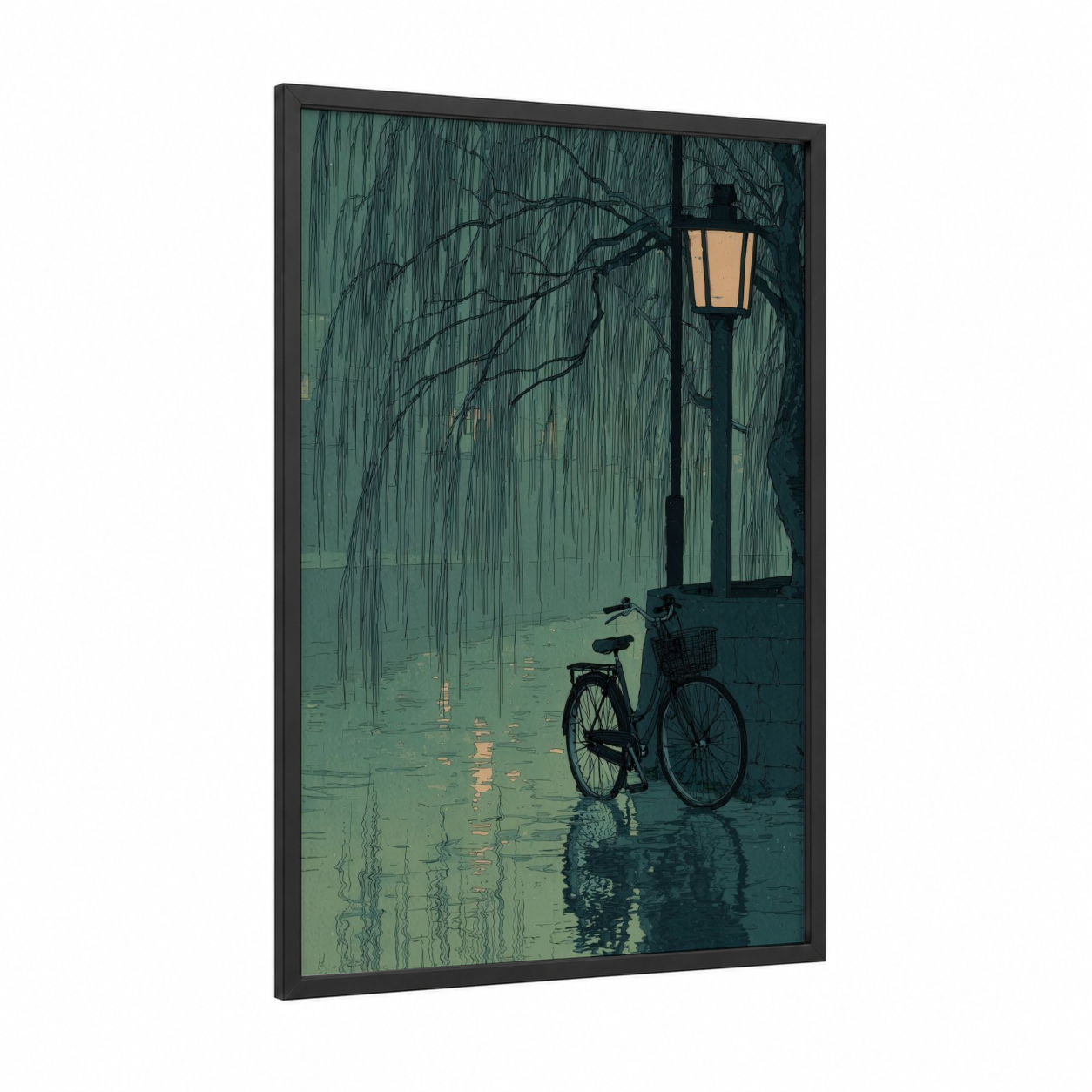 Rainy Solitude Bicycle framed urban bicycle print — black wood frame — teal and gold palette