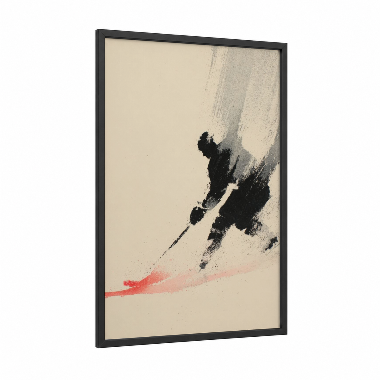 Dynamic Hockey Player framed ice hockey print — black wood frame — black and white and cream palette