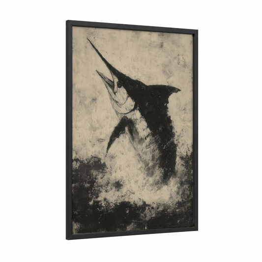 Marlin Breach framed blue marlin print — black wood frame — black and white palette