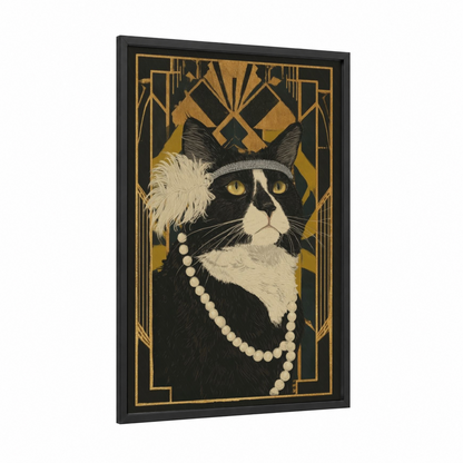 Glamour Tuxedo Cat framed art print — black wood frame — black and gold and cream palette