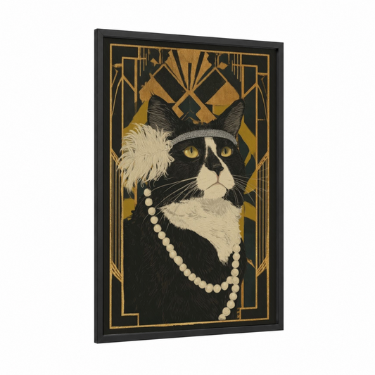 Glamour Tuxedo Cat framed art print — black wood frame — black and gold and cream palette