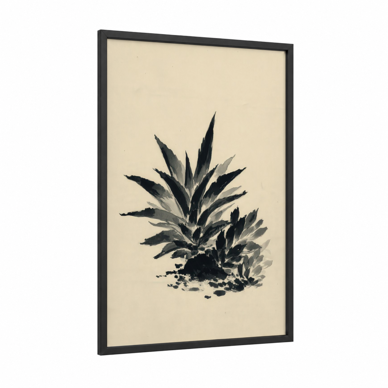 Dramatic Succulent framed art print — black wood frame — black and white palette