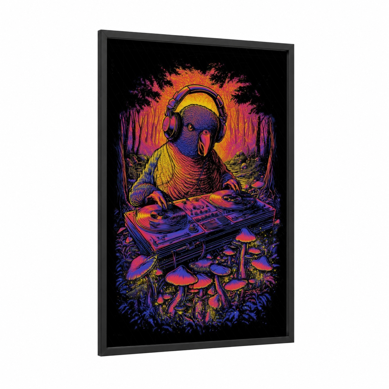 DJ Lorikeet framed rainbow lorikeet print — black wood frame — magenta and gold palette