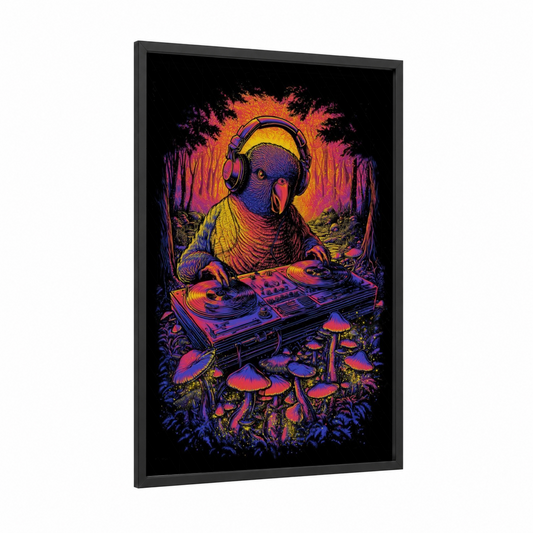 DJ Lorikeet framed rainbow lorikeet print — black wood frame — magenta and gold palette