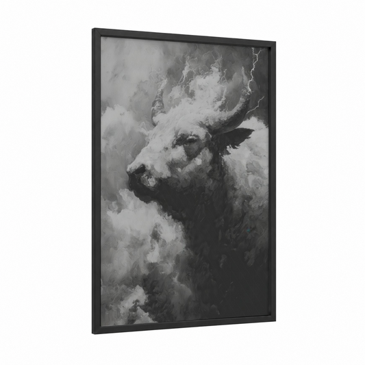 Snowy Yak Portrait framed art print — black wood frame — gray and white and black and white palette