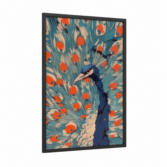 Crimson Peacock framed art print — black wood frame — orange and teal palette