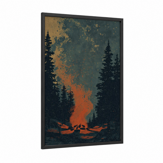 Campfire Glow framed camping print — black wood frame — dark blue and orange palette