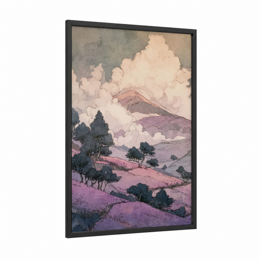 Lavender Hills Dreamscape framed lavender field print — black wood frame — lavender and cream palette