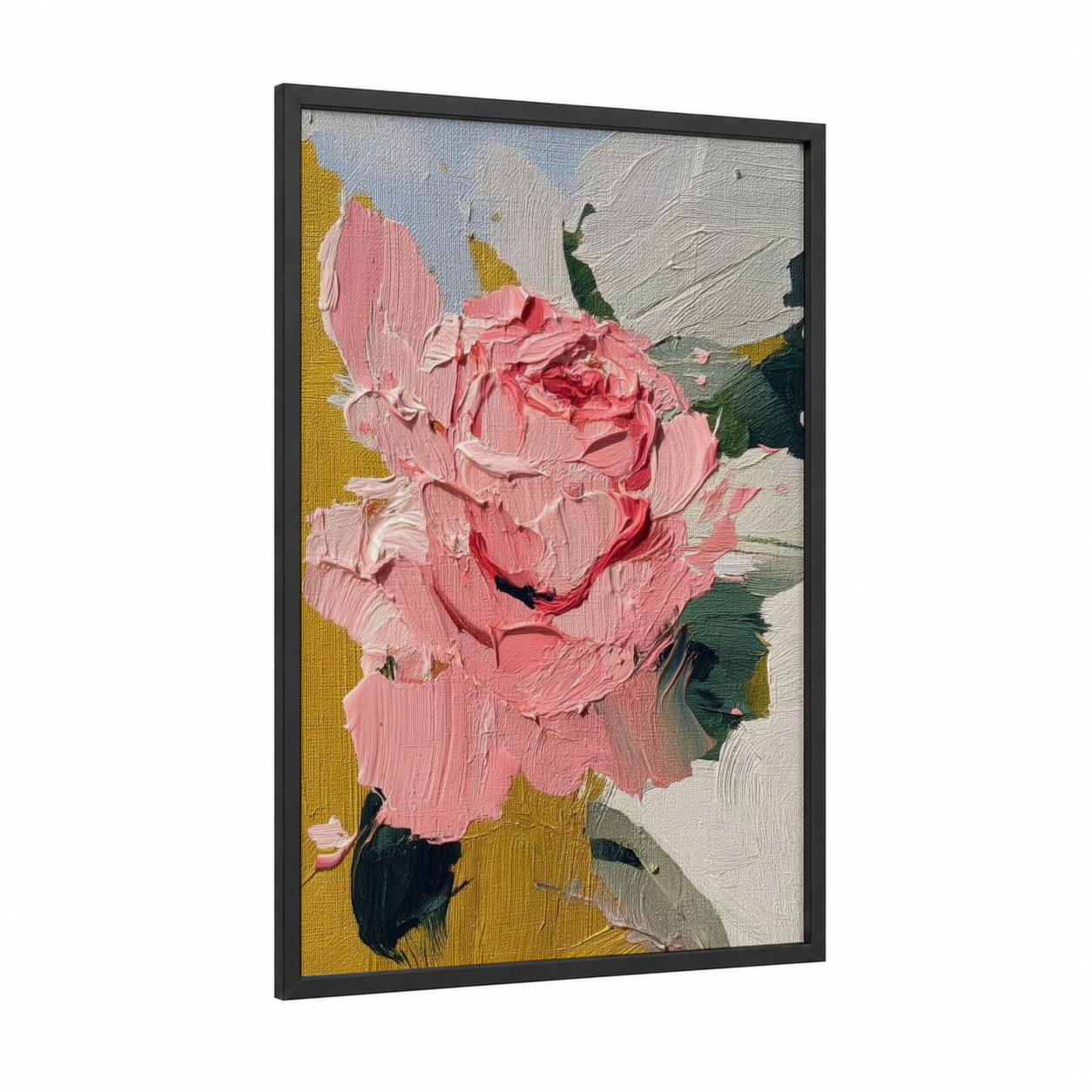 Crimson Rose Texture framed abstract flower print — black wood frame — pink and gold palette