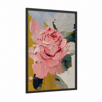 Crimson Rose Texture framed abstract flower print — black wood frame — pink and gold palette