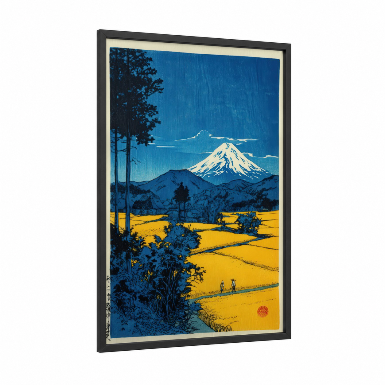 Snowy Mountain Vista framed various landscapes print — black wood frame — blue and yellow gold palette