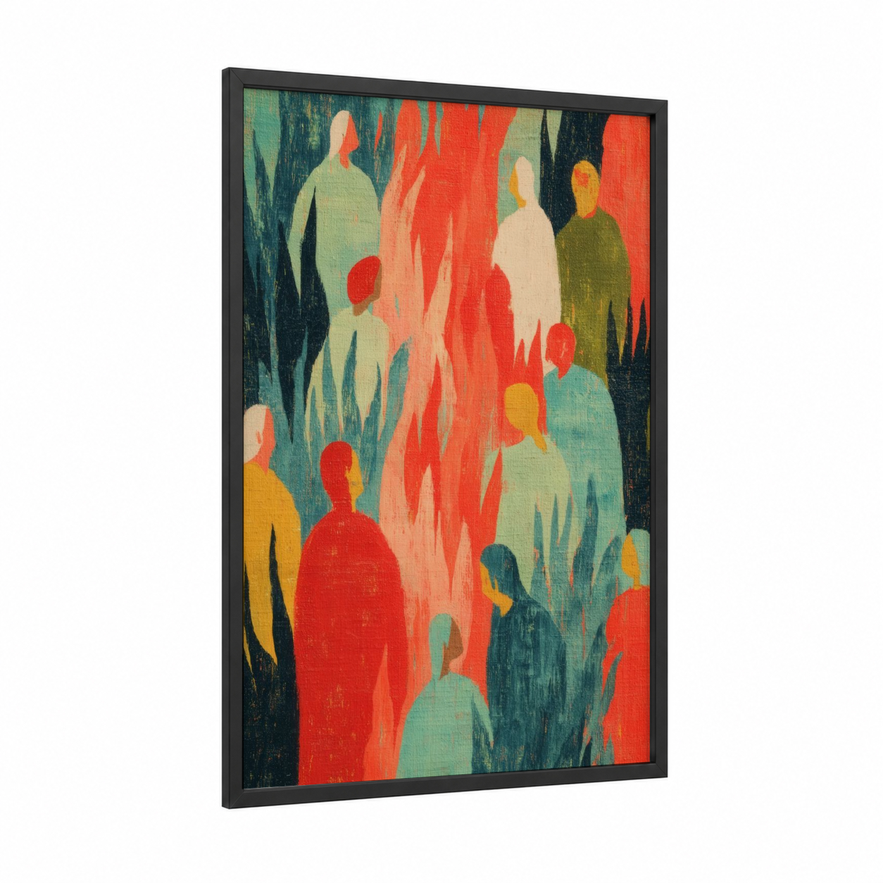 Pentecost Fire framed art print — black wood frame — red and teal palette