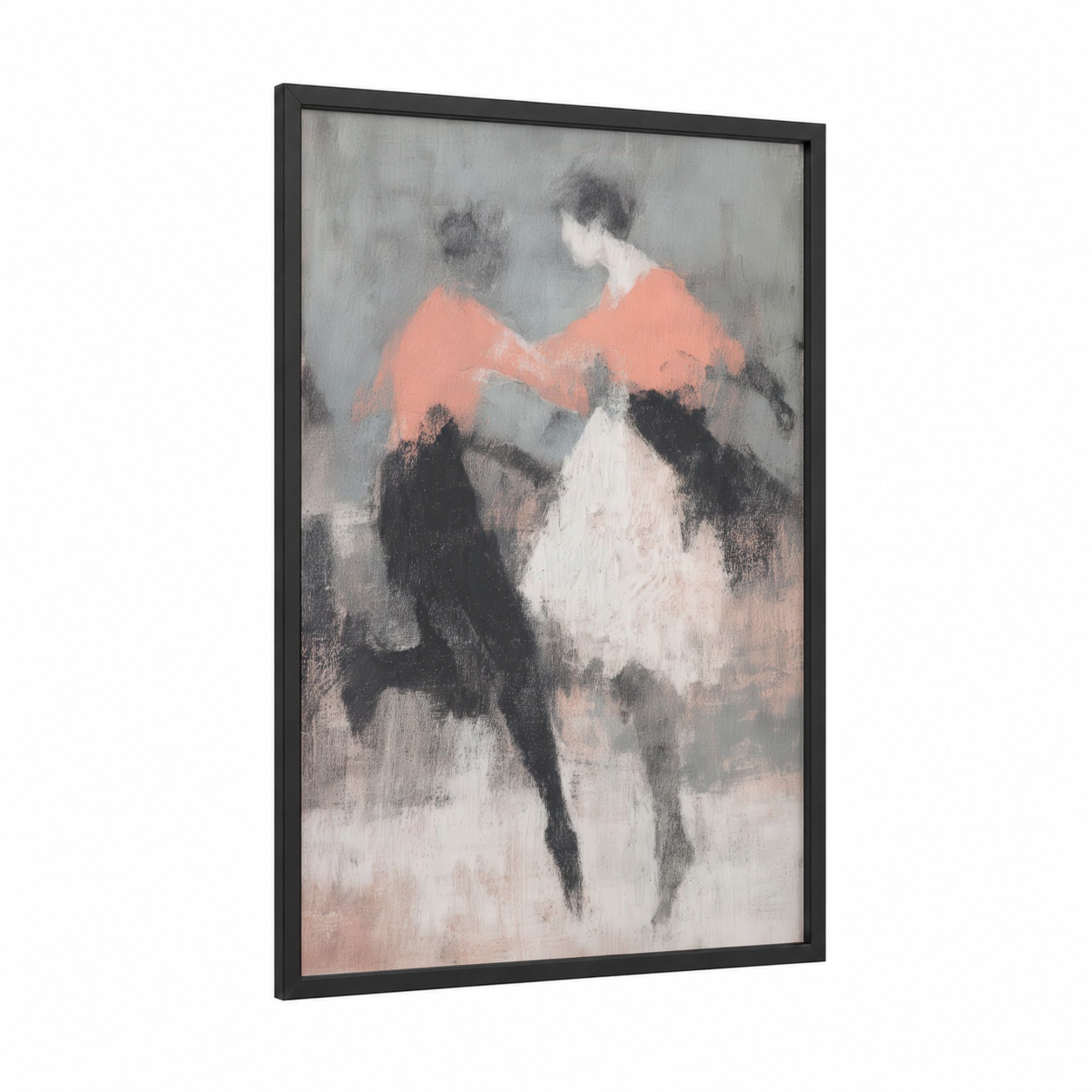 Coral Swing Dance framed art print — black wood frame — salmon pink and gray palette