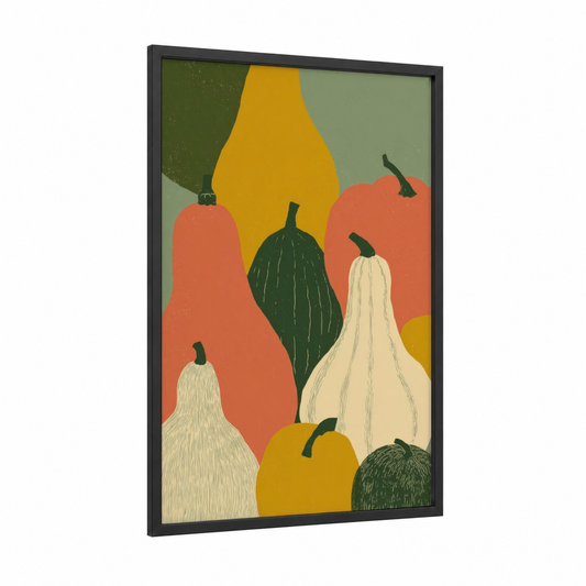 Autumn Harvest Pears framed fruit print — black wood frame — yellow gold and dark green palette