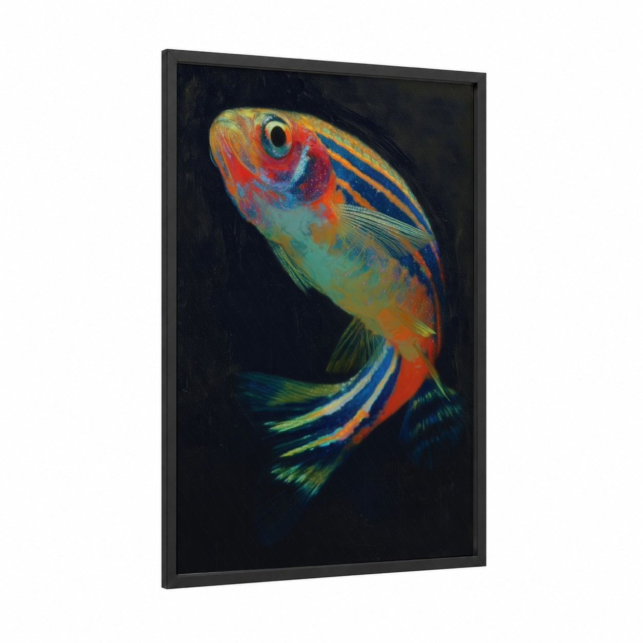 Vibrant Zebrafish framed art print — black wood frame — blue and orange palette