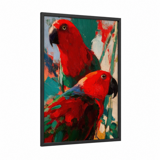 Crimson Macaw Pair framed safari parrots print — black wood frame — red and teal palette