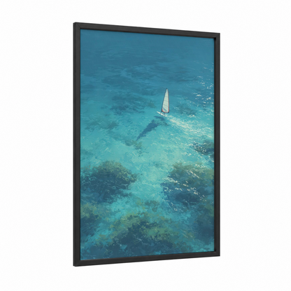 Turquoise Windsurfing framed art print — black wood frame — turquoise and blue and white palette